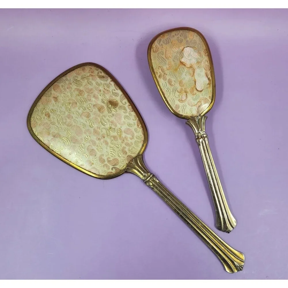 Mid-Century Gold-Tone Hand Mirror & Hairbrush Set Metallic Paisley Fabric Backs